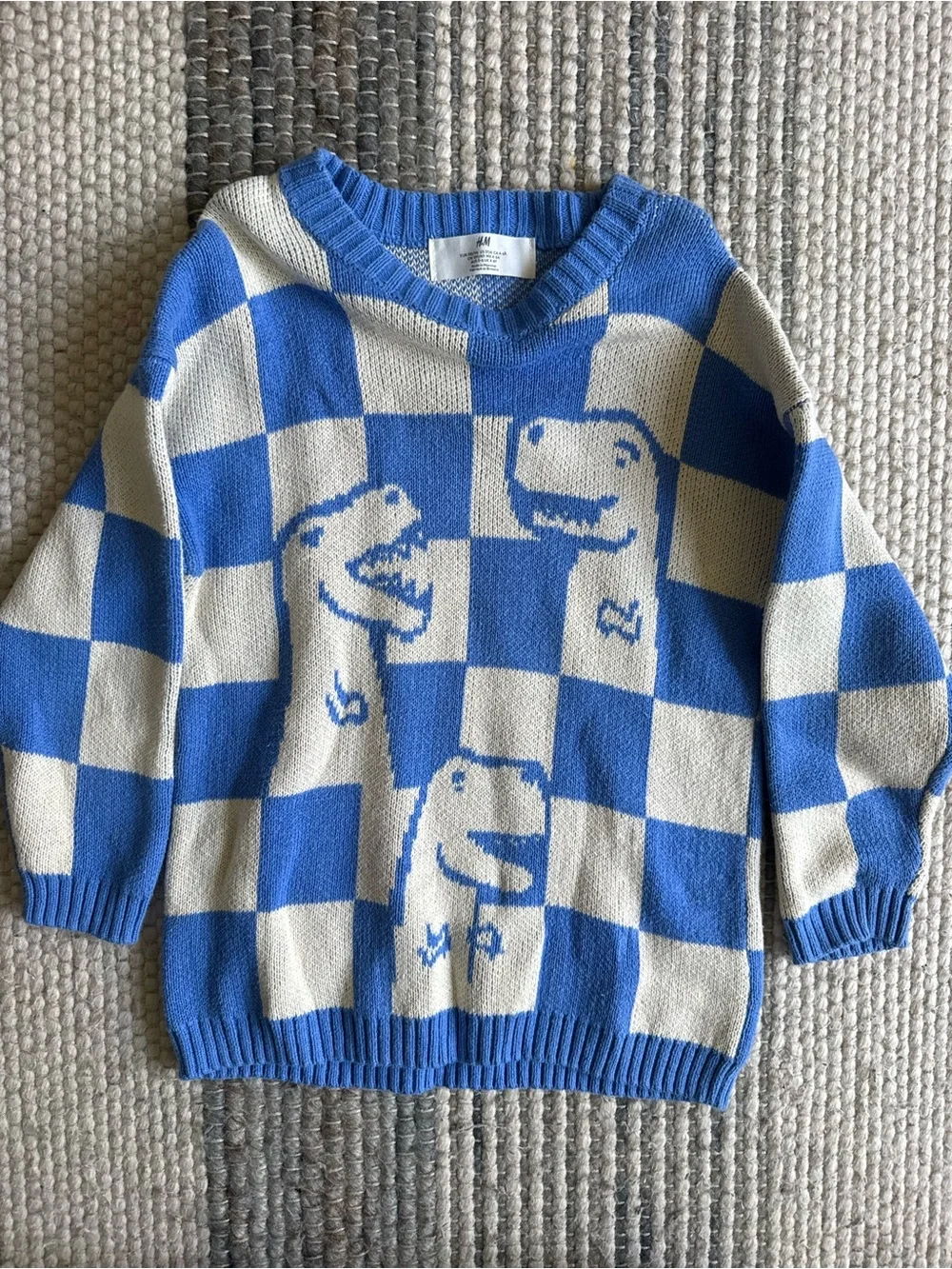 H&M Blue and Cream Checker Knit Sweater with Graphic Detail